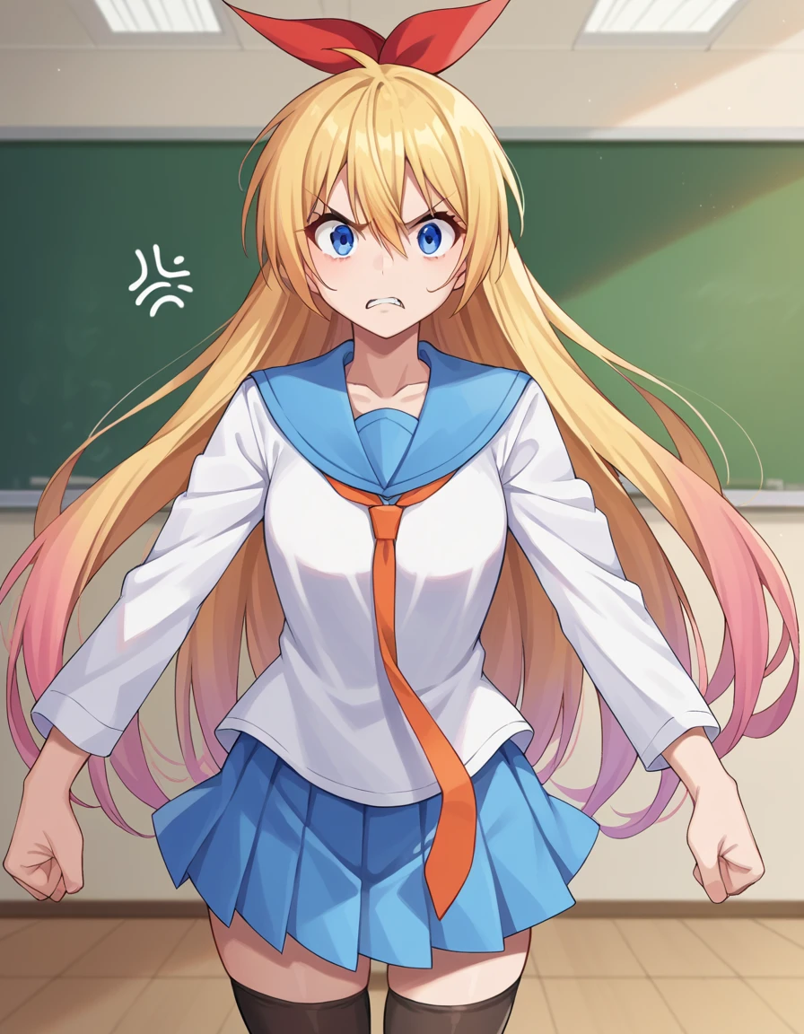 score_9, score_8_up, score_7_up, source_anime,
chitogekirisaki, <lora:chitoge-kirisaki-ponyxl-lora-nochekaiser:1>,
chitoge kirisaki, long hair, blue eyes, blonde hair, ribbon, hair between eyes, very long hair, hair ribbon, multicolored hair, red ribbon, gradient hair, angry, anger vein,
skirt, shirt, thighhighs, school uniform, collarbone, white shirt, pleated skirt, necktie, serafuku, sailor collar, red ribbon, blue skirt, blue sailor collar,
indoors, classroom, hallway,
looking at viewer, cowboy shot, dutch angle, dynamic pose,