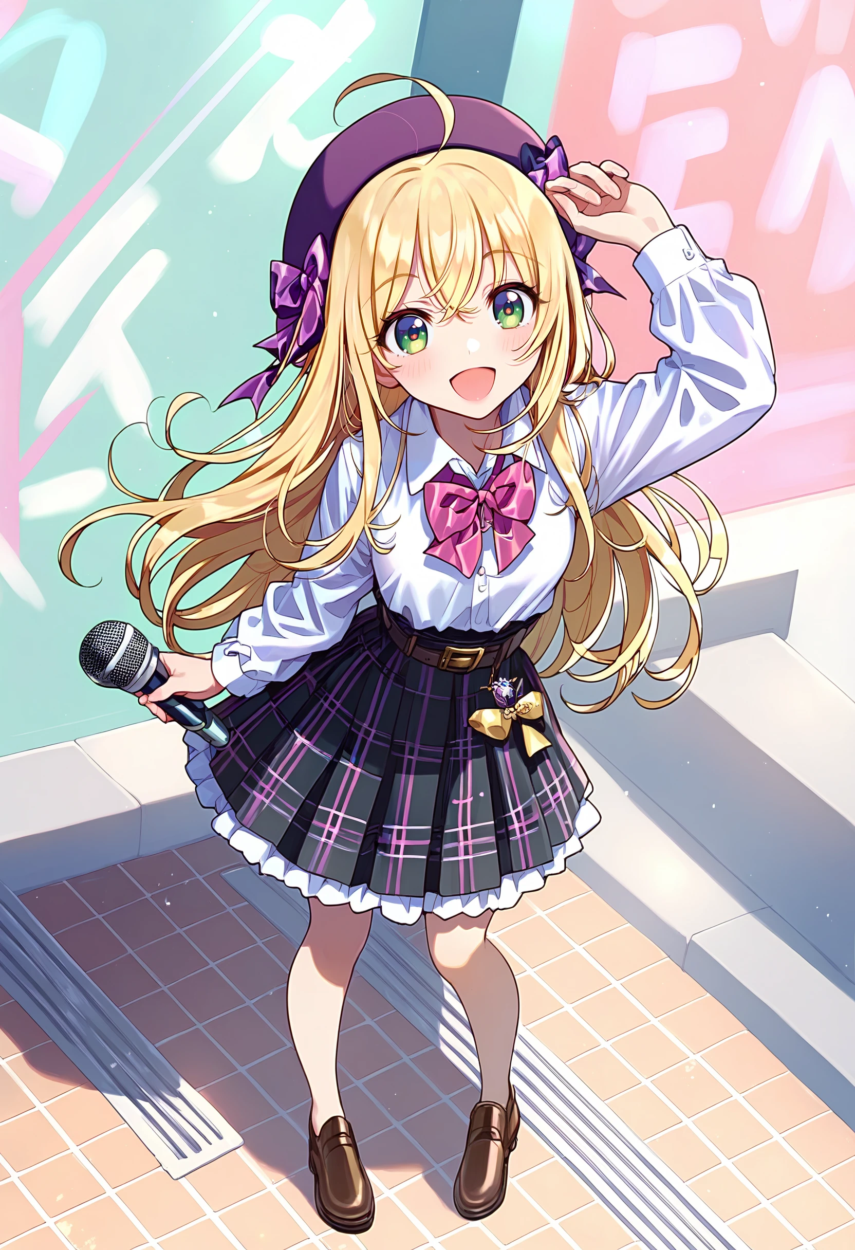 score_9, score_8_up, score_7_up, <lora:PDFA_Style8356194477-000450:1>, 1girl, solo, bangs, blush, smile, street, outdoors, (closed eyes:0.9), :d, ahoge, arm up, belt, beret, black skirt, blonde hair, bow, bowtie, brown footwear, center frills, chibi, collared shirt, day, frills, full body, green eyes, hair between eyes, hair ribbon, hat, hat bow, holding, holding microphone, long hair, long sleeves, looking at viewer, microphone, open mouth, pink bow, pink bowtie, plaid, plaid bow, plaid bowtie, pleated skirt, purple bow, purple bowtie, purple headwear, red skirt, ribbon, shirt, shoes, skirt, sparkle, standing, thigh gap, very long hair, water, white shirt, wing collar,