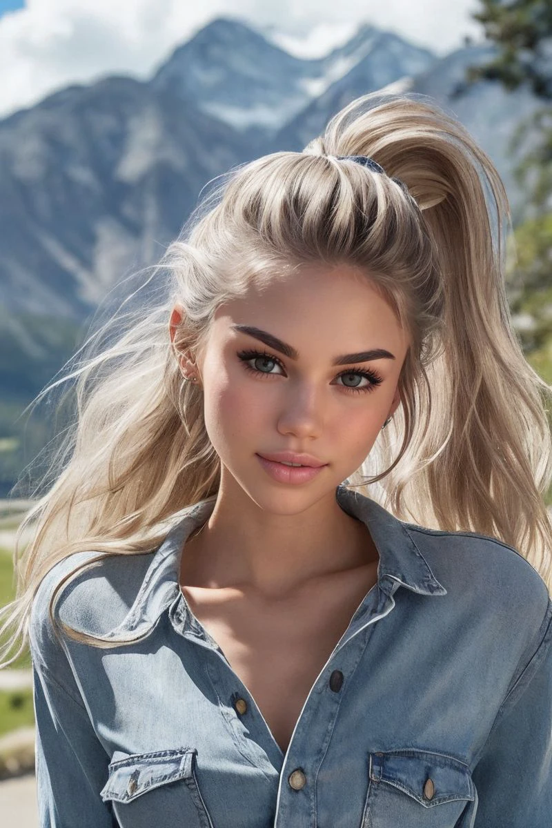 photo of S356_ScarlettLeithold,a stylish woman,in a (western-valley:1.1),wearing a (shirt:1.1),(jeans),(ponytail),(4k, RAW photo, best quality, 24mm, depth of field, ultra high res:1.1),(absurdres, intricate, photorealistic, cinematic-shot, masterpiece, ultra-detailed:1.1),