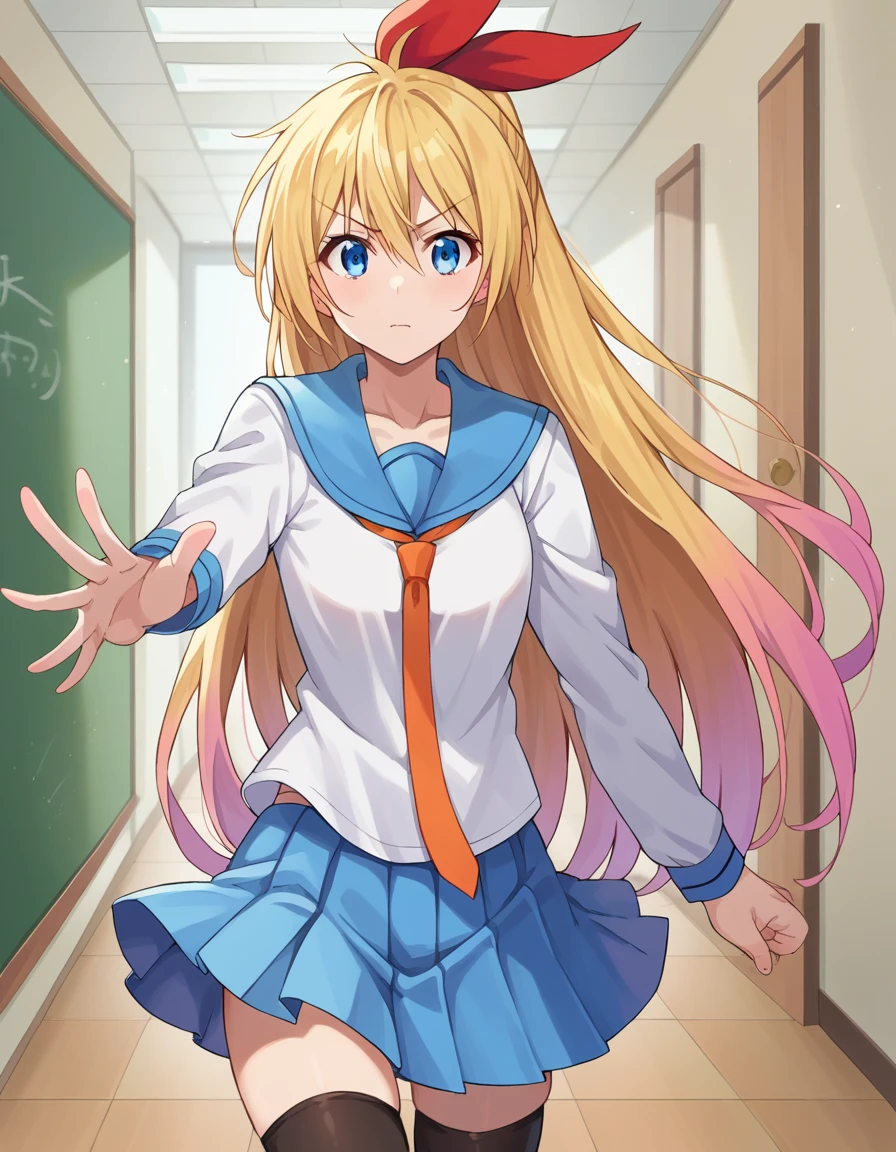 score_9, score_8_up, score_7_up, source_anime,
chitogekirisaki, <lora:chitoge-kirisaki-ponyxl-lora-nochekaiser:1>,
chitoge kirisaki, long hair, blue eyes, blonde hair, ribbon, hair between eyes, very long hair, hair ribbon, multicolored hair, red ribbon, gradient hair,
skirt, shirt, thighhighs, school uniform, collarbone, white shirt, pleated skirt, necktie, serafuku, sailor collar, red ribbon, blue skirt, blue sailor collar,
indoors, classroom, hallway,
looking at viewer, cowboy shot, dutch angle, dynamic pose,