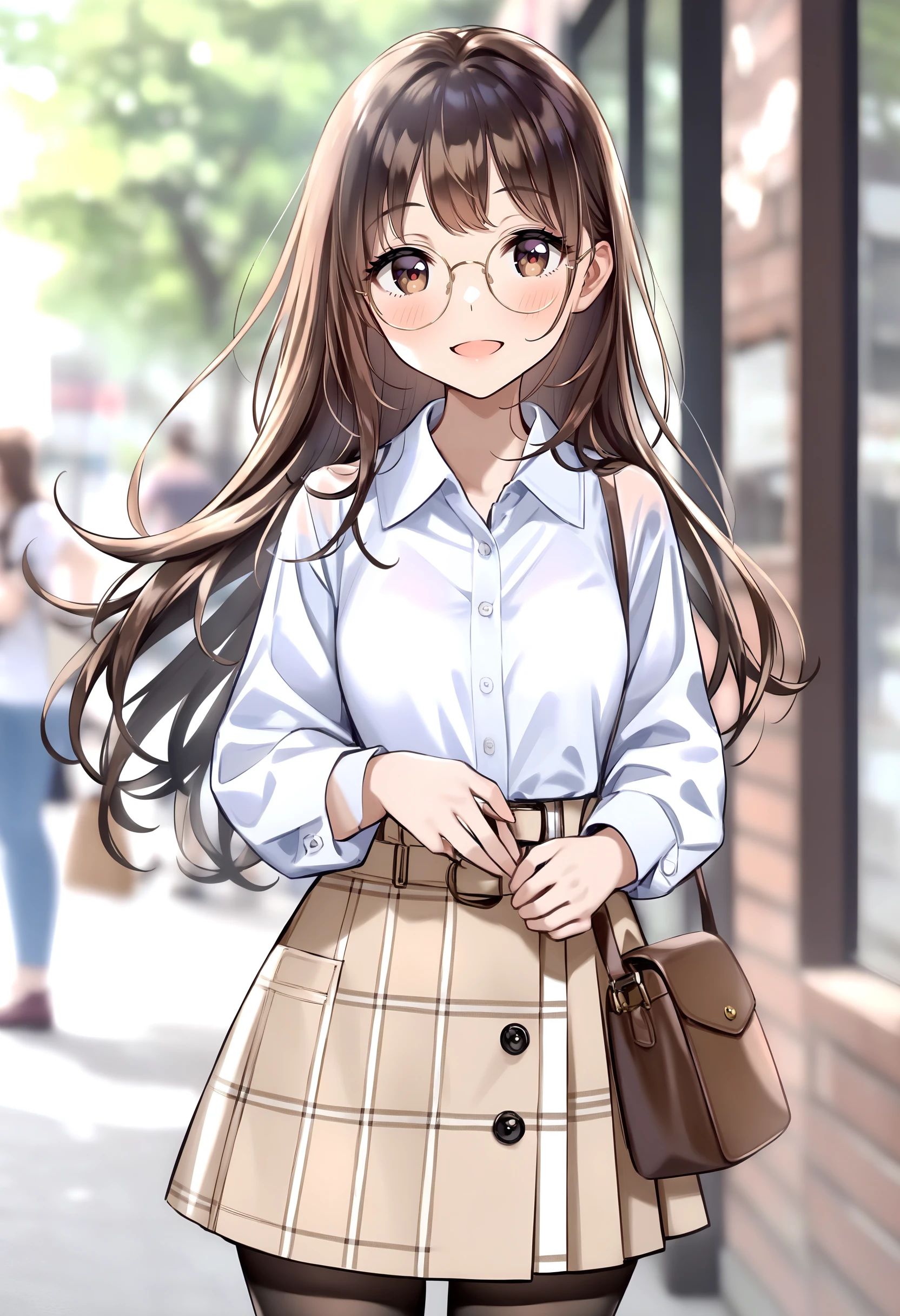 <lora:Animagine_Style8356194477-000450>, 1girl, solo, bangs, blush, smile, looking at viewer, masterpiece, best quality, very aesthetic, absurdres, :d, bag, black pantyhose, brown eyes, brown hair, casual, collared shirt, cowboy shot, long hair, long sleeves, pantyhose, parted lips, round eyewear, shirt, short sleeves, shoulder bag,