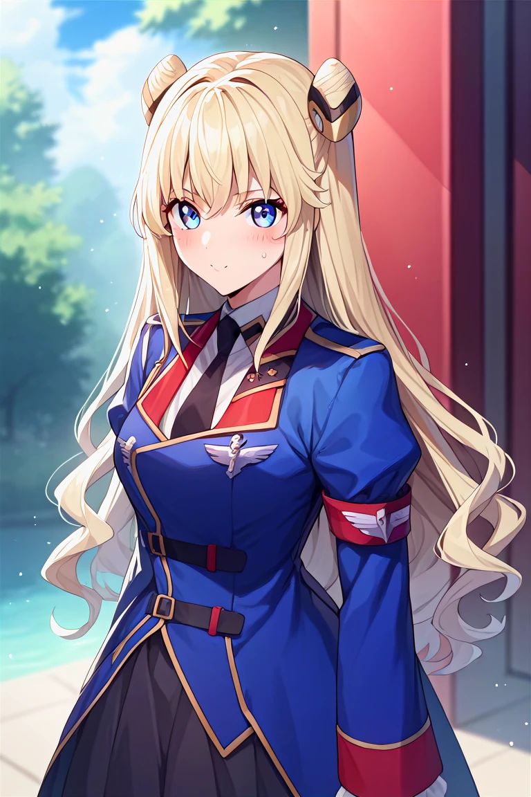 score_9, score_8_up, score_7_up, score_6_up, score_5_up, score_4_up, rating_questionable, , source_anime, digital illustration, pixiv, fanbox, uncensored, , BREAK, official art,
1girl, solo, female, leila malcal, blonde hair, double bun, hair ornament,
military uniform, blue uniform, , outdoors, blush, cowboy shot, looking at viewer, <lora:Leila_Malcal-10:0.9>