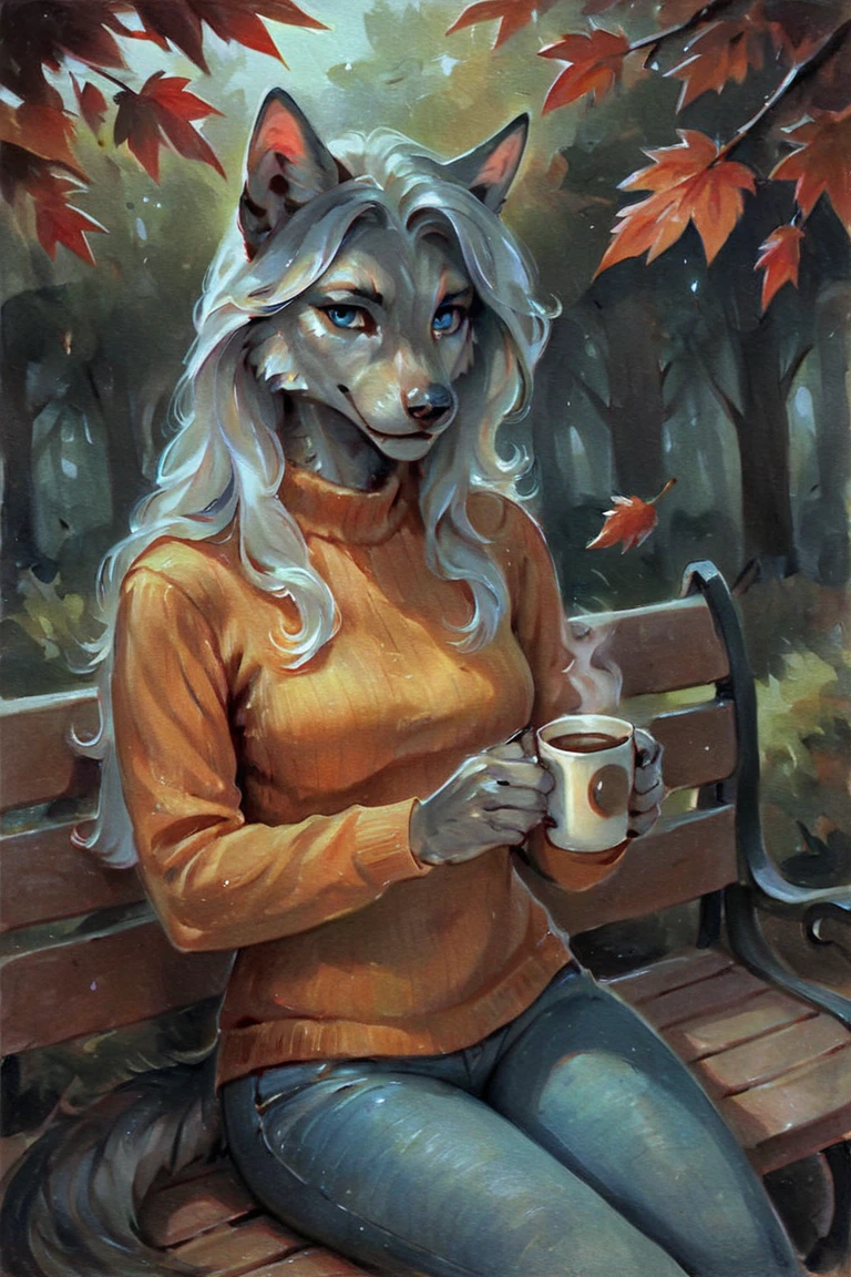 score_9, score_8_up, score_7_up, rating_safe, source_furry, traditional media, realistic, anthro, furry, werewolf, grey fur, long hair, white hair, blue eyes, orange sweater, long sleeves, blue jeans, holding cup, coffee cup, disposable cup, 1girl, solo, looking at viewer, cowboy shot, sitting, on bench, bench, outdoors, forest, autumn, falling leaves <lora:Green Patina Style LoRA_Pony XL v6:0.7>