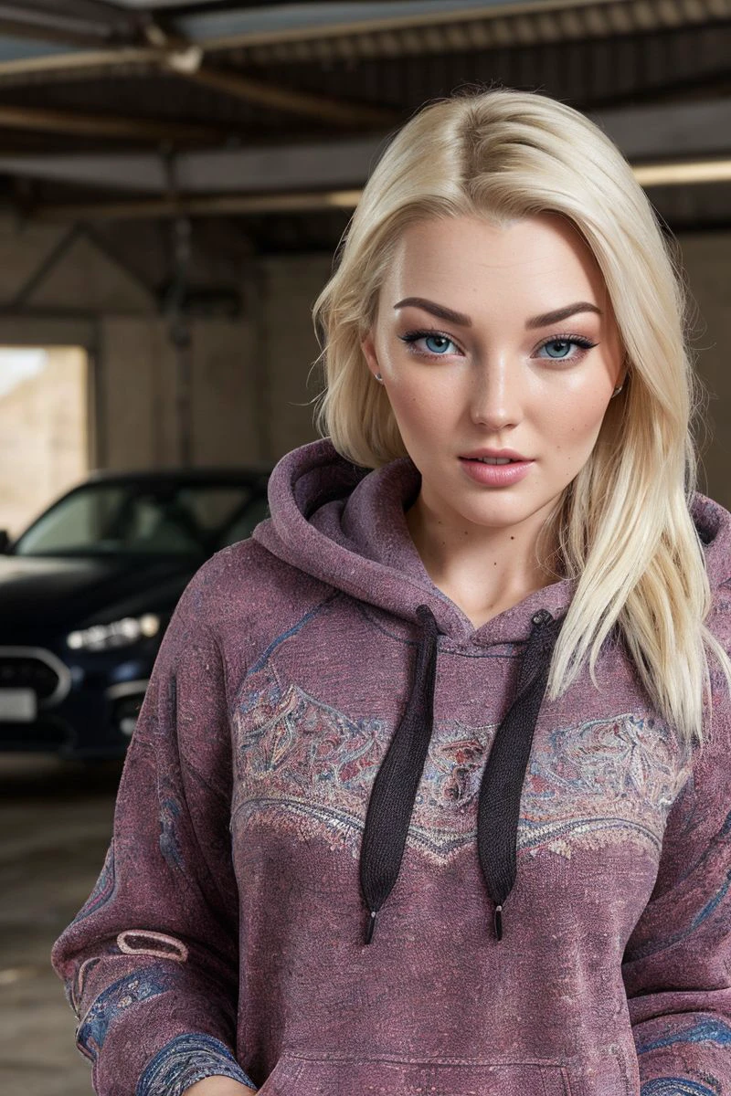 headshot of S355_LovitaFate,a stylish woman,in a (garage:1.1),wearing a (dirty-hoodie:1.1),(4k, RAW photo, best quality, 24mm, depth of field, ultra high res:1.1),(absurdres, intricate, photorealistic, cinematic-shot, masterpiece, ultra-detailed:1.1),