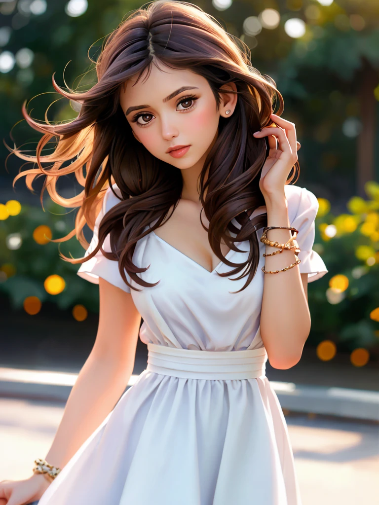 A beautiful n1n4d woman,  1girl,solo,long hair,looking at viewer,brown hair,dress,brown eyes,jewelry,upper body,bracelet,lips,hand in own hair,realistic,soft lighting, professional Photography, Photorealistic, detailed, RAW, analog, sharp focus, 8k, HD, high quality, masterpiece<lora:n1n4d:1.0>