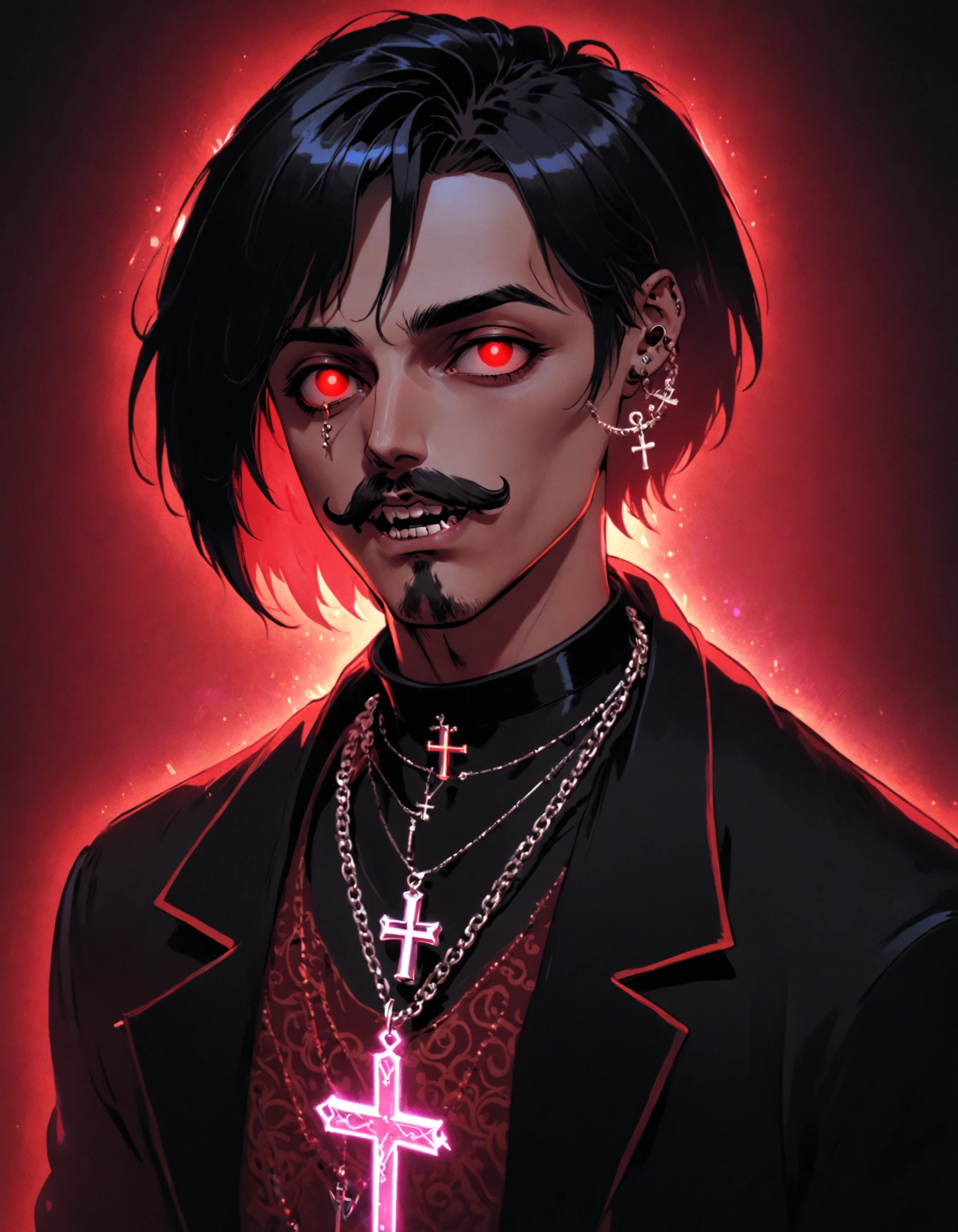 reshadexl, red theme, short hair, open mouth, black hair, long sleeves, 1boy, holding, jewelry, upper body, male focus, necklace, parted bangs, facial hair, cross, ghost, mustache, stubble, cross necklace, priest, neon lighting, side lighting, studio, duochrome, duotone , <lora:ReShadeSDXL:0.8>