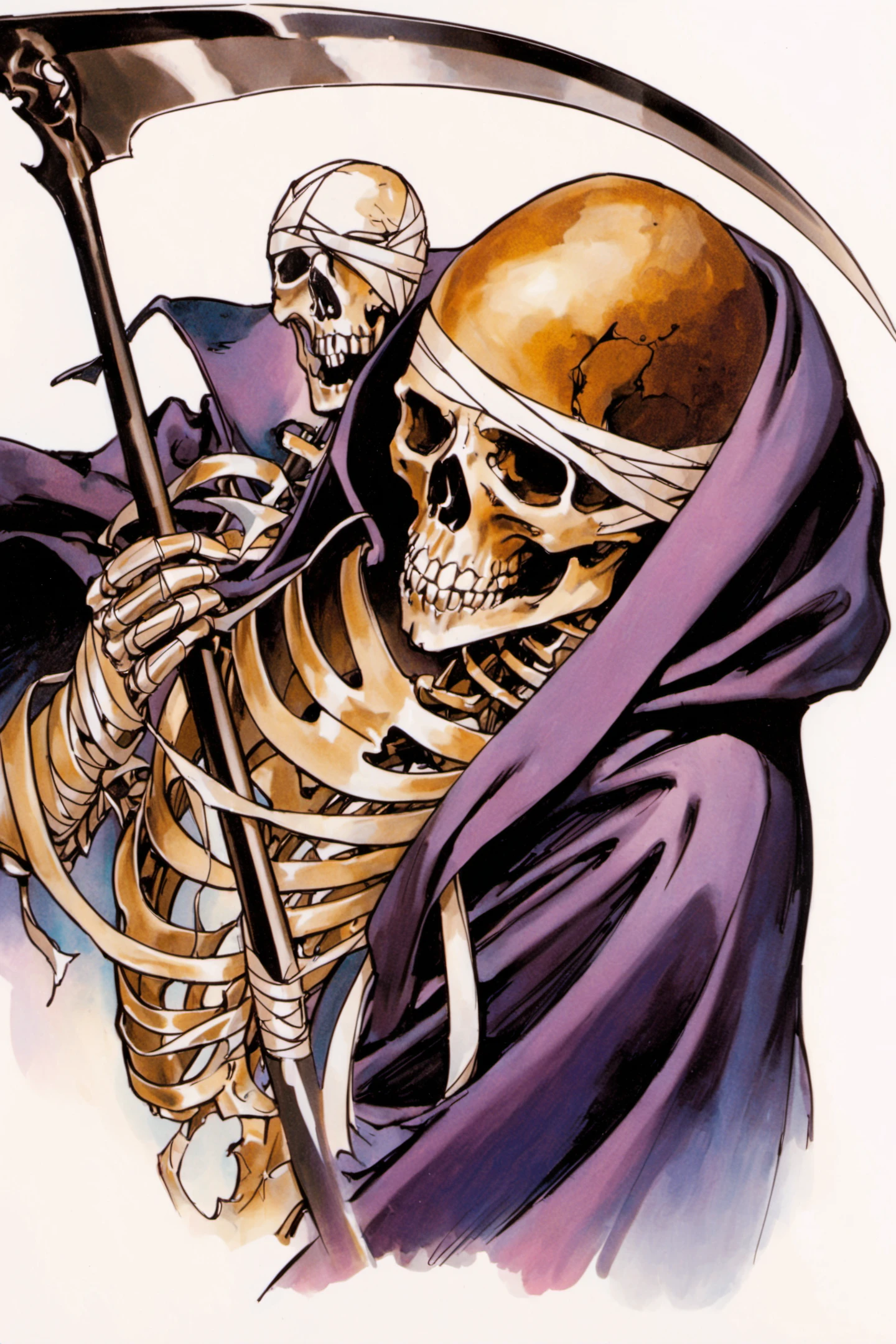 skeleton, scythe, holding, cloak, white background, skull, hood, bandages, simple background, solo, robe, upper body, bandaged head, hat,traditional media,<lora:Ayami Kojima_XL:0.8>,