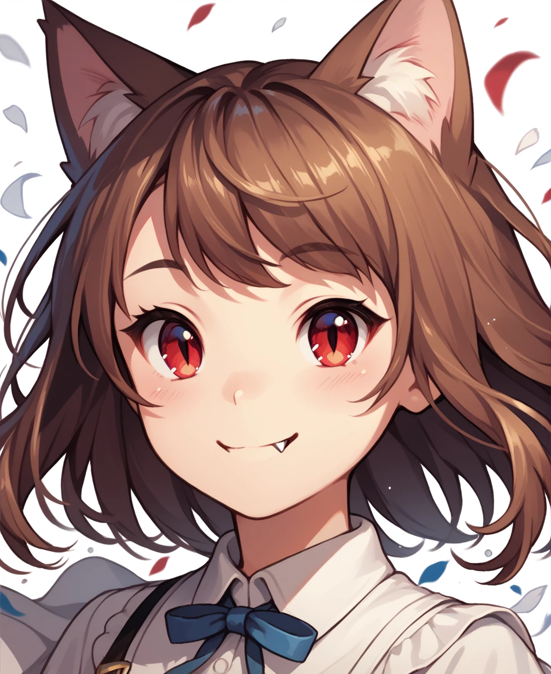 score_9, score_8_up, score_7_up, score_6_up, source_anime, 1girl, portrait, a cute catgirl, brown hair, red eyes, fang, smile, white background, simple background, wind, particles, depth of field,