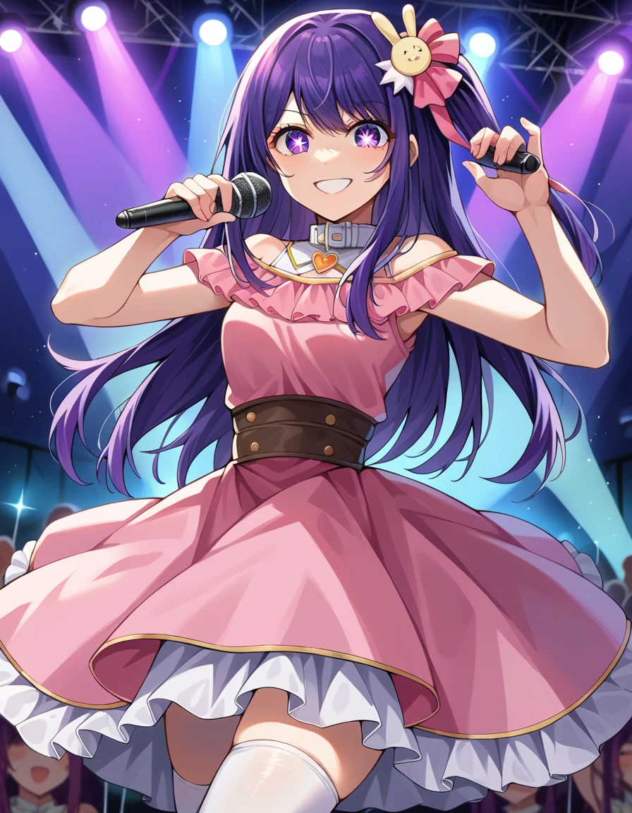 score_9, score_8_up, score_7_up, source_anime,
aihoshino, <lora:ai-hoshino-ponyxl-lora-nochekaiser:1>,
ai hoshino, long hair, bangs, purple eyes, purple hair, symbol-shaped pupils, smile,
one side up, hair ornament, hair ribbon, skirt, thighhighs, white thighhighs, zettai ryouiki, idol, dress, pink dress, sleeveless, pink skirt, frilled skirt, bare shoulders, collar, white collar,
indoors, stage, stage lights, concert, glowstick, idol, holding microphone, microphone, audience, singing, music,
looking at viewer, cowboy shot, dutch angle, dynamic pose,