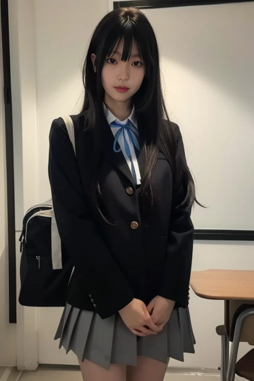 ltra-detailed,highly detailed,best quality,masterpiece,illustration,realistic,photorealistic,
mio akiyama, sakuragaoka high school uniform,
1girl, solo, cosplay,
very long hair, bangs, 
looking at viewer, cowboy shot, 
 <lora:mio akiyama_v1_07:0.7>