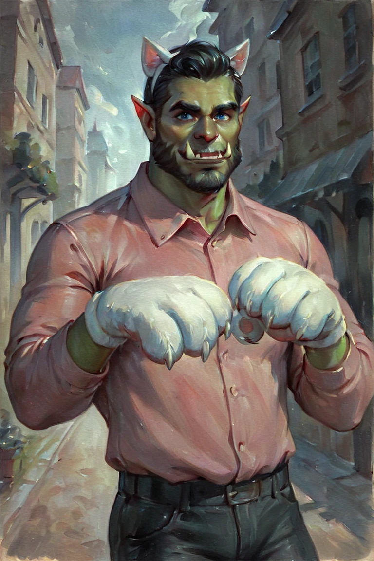 score_9, score_8_up, score_7_up, rating_safe, traditional media, realistic, orc, green skin, tusks, facial hair, beard, mustache, black hair, blue eyes, pink shirt, collared shirt, long sleeves, black pants, muscular, 1boy, solo, male focus, mature male, fake animal ears, animal ears, cat ears, white cat ears, paw gloves, white paw gloves, cat paws, paw pose, smile, looking at viewer, cowboy shot, standing, outdoors, city, building <lora:Green Patina Style LoRA_Pony XL v6:0.7>