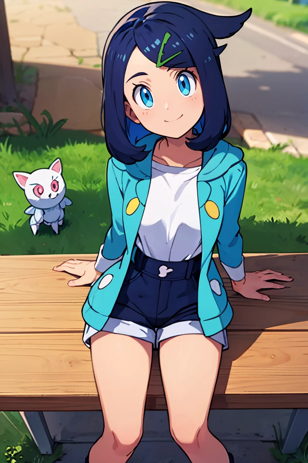 ((masterpiece,best quality)),  <lora:Liko_Pokemon_v2:0.8>,  liko (pokemon), blue hair, hair clip,  white shirt, hooded jacket, open jacket, denim shorts,  smile, looking at viewer,  sitting, head tilt, from above,  <lora:Bold_CAT:0.5>,