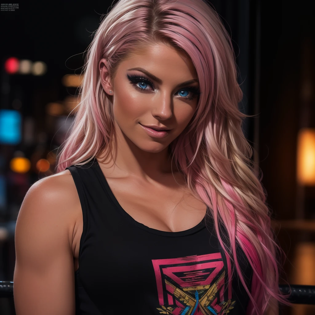 Best_QualityPos, RAW photo, intricate details, best quality, 8k uhd, soft lighting, 1girl, solo, alexa bliss, blue eyes, long hair, multicolored hair, pink hair, blonde hair, black tank top <lora:Alexa_Bliss:0.6> <lora:exposure_control_v10:-0.45>