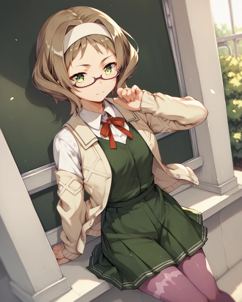 score_9, score_8_up, score_7_up,
<lora:Akihara_Sekka_PONY:1>,1girl, solo, pantyhose, glasses, purple pantyhose, green eyes, brown hair, hairband, skirt, school uniform, short hair, cardigan,