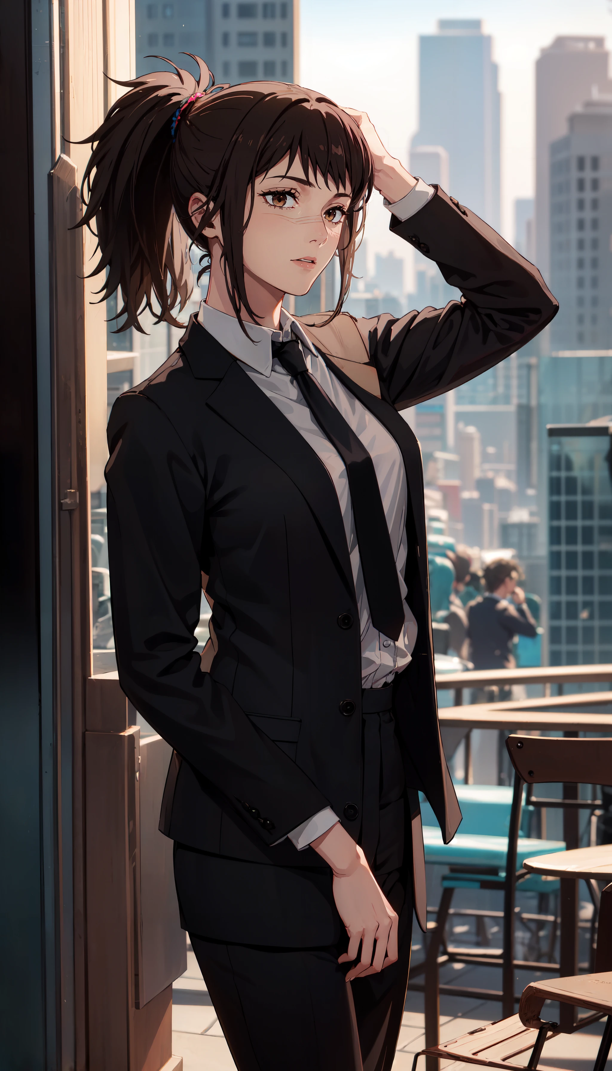 photorealistic, (4k), depth of field, (Masterpiece), (realistic skin texture), extremely detailed, intricate, hyper detailed, professional photography, bokeh, high resolution, sharp detail, best quality, girl, brown hair, ponytail, brown eyes, scar on face, white collared shirt, necktie, suit, suit pants, <lora:GoodHands-vanilla:0.4>, <lora:detail_slider_v4:0.8> , dynamic pose, (lying against the ground, hand on head), <lora:Michiko Tendou:0.7> , empty streets, solo alone, modern city, skyscrapers,