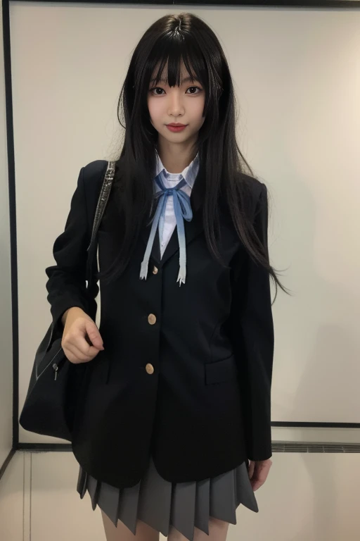 ltra-detailed,highly detailed,best quality,masterpiece,illustration,realistic,photorealistic,
mio akiyama, sakuragaoka high school uniform,
1girl, solo, cosplay,
very long hair, bangs,
looking at viewer, cowboy shot,
<lora:mio akiyama_v1_07:0.9>
