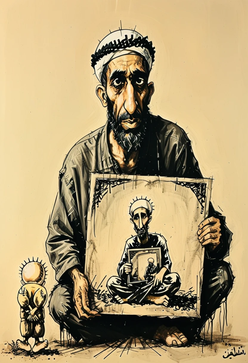 holding a portrait of himself  surface details. ,Harmony ,Disturbia
 and yellow and black hsz-Hanzala-Naji line art naji  Al-Ali  Isra_el Palestine  Caricature Hanzala   carrying, crossover, hsz-Hanzala-Naji, hsz-Hanzala-Naji line art naji  Al-Ali  Isra_el Palestine  Caricature Hanzala  sitting,  hsz-Hanzala-Naji  of sz-Hanzala-Naji  holding a portrait of himself  cracks,. Surreal Harmony ,Disturbia