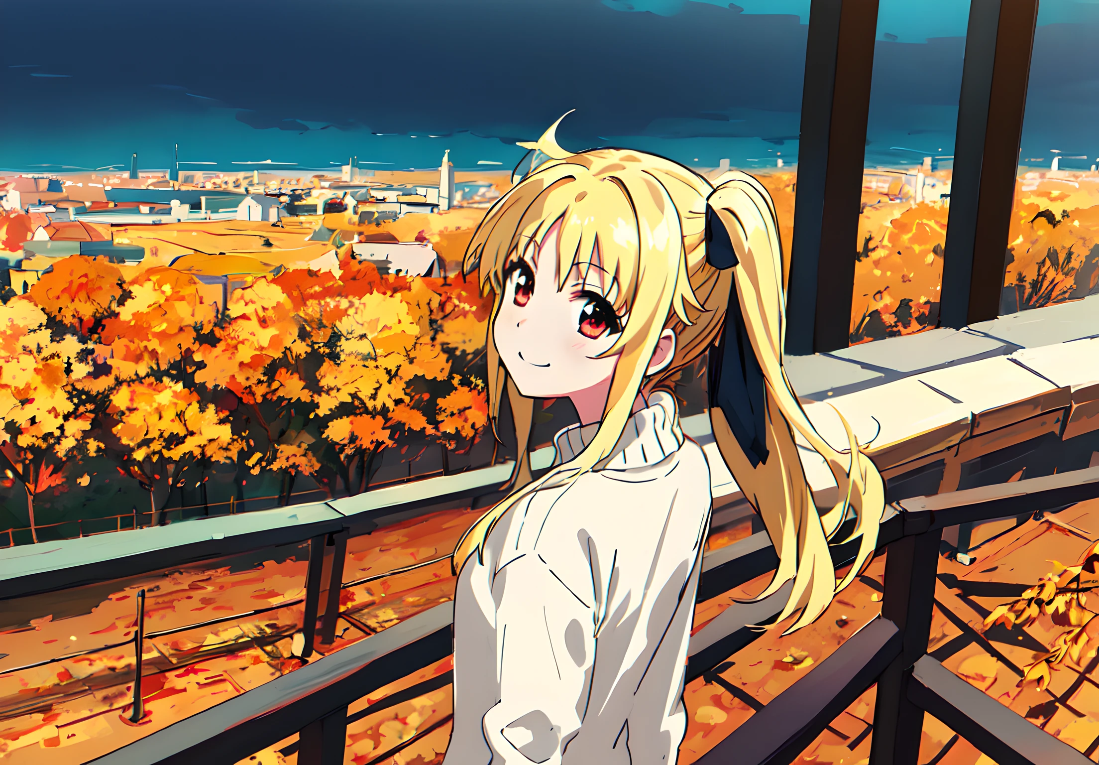 <lora:fate_v2:0.8>,fate,1girl,super fine illustration,masterpiece,best quality,in autumn,sweater,looking_back,observation platform,smile,