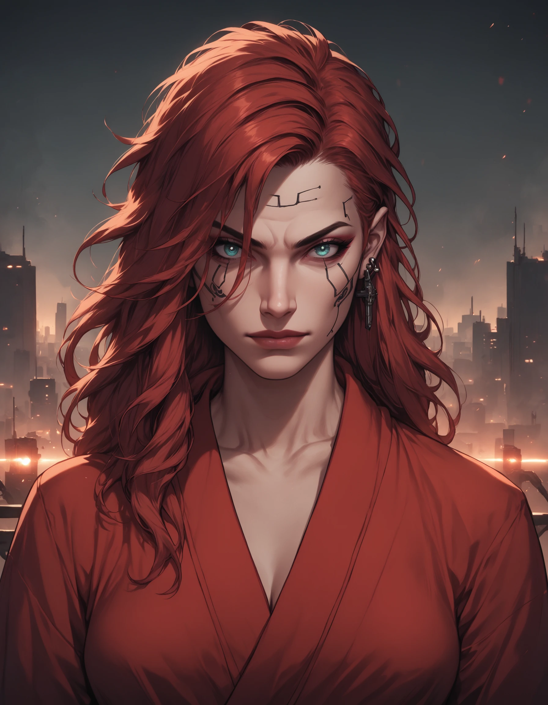 score_9, score_8_up, score_7_up, score_9, BREAK Hellaine Style, super closeup portrait, Amidst the smoky haze of the 1940s noir cityscape, a half-human, half-cyborg woman emerges from the shadows. Clad in a vibrant red bathrobe, she wields a gleaming samurai sword with a purpose. As she strides towards you, her eyes piercing through the monochrome atmosphere, capture the essence of this cinematic moment in the style reminiscent of Sin City. very detailed, high detailed texture, 8k, <lora:HellainePonyXL:0.8>