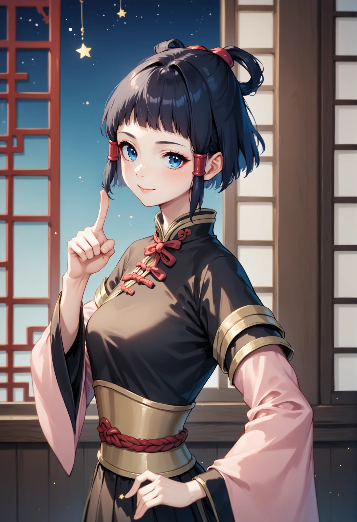 1girl, black hair, short hair, sidelocks, double Topknot, blue eyes, chinese clothes, ribbon, long sleeves, pink sleeves, skirt, leggings, yellow boots, standing, window, pointing up, night sky, star, smile, looking at viewer, from side, upper body <lora:Lyon_Suikoden_V-XL:1>, score_9, score_8_up, score_7_up, score_6_up, score_5_up, score_4_up, BREAK source_anime, masterpiece