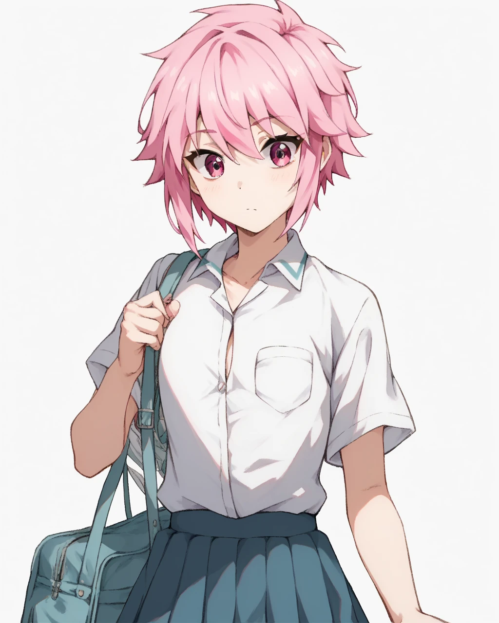best quality, masterpiece,  <lora:monogatari-10:0.9>, solo, 1girl, short hair, pink hair,looking at viewer,  from from above, dark skin, hands on hips,