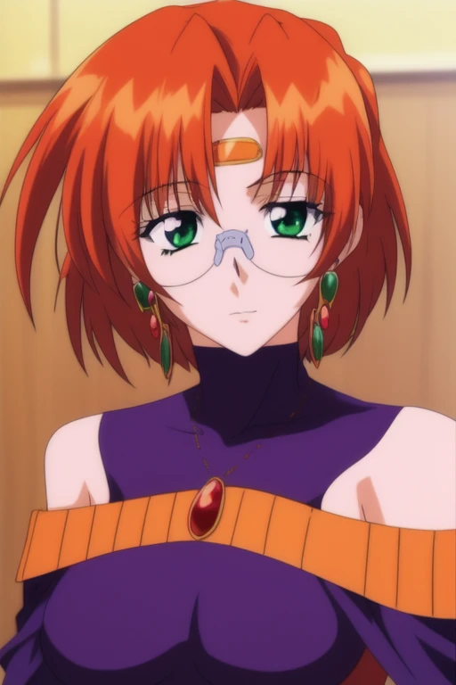 <lora:Aila:1>, Aila, 1girl, soro, glasses, jewelry, earrings, short hair, red hair, green eyes, orange hair, ponytail, breasts, circlet, bare shoulders, 1990s (style), upper body
masterpiece, high quality, very_high_resolution, large_filesize, full color,