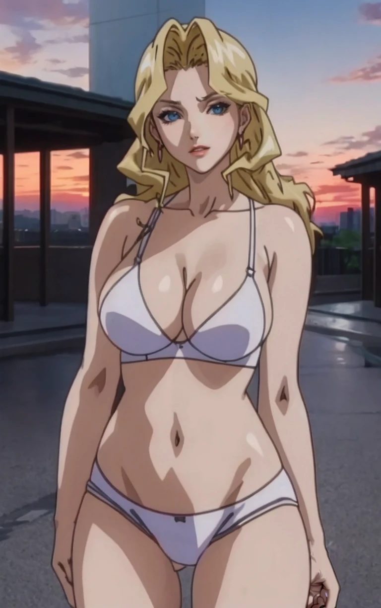 WhiteBikini_AliceNonoyama_ownwaifu,
1girl, blonde hair, long hair, blue eyes, red lips, large breasts, breasts,  collarbone, navel, stomach, thighs, legs, lipstick, makeup, earrings, jewelry, red nails, nail polish, 
cleavage, white bra, white panties, underwear, cameltoe, bare shoulders,
<lora:FAP_CHR_Lingeries_AliceNonoyama_ownwaifu:0.7>,
((masterpiece)),((best quality)),((anime screencap)),  original, official_art, chromatic_aberration, bokeh, depth_of_field, skyline, scenery, cloudy_sky, sunset, outdoors, day, looking at viewer, solo, cowboy shot,