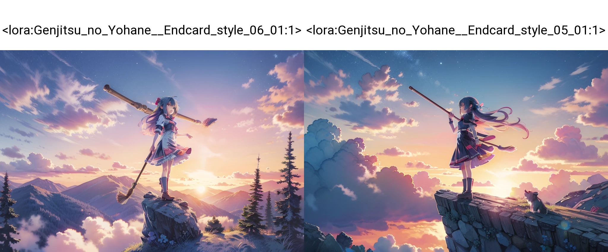cute girl soars sitting on a broom, evening sunset, high above the horizon, above the ground, a colorized style by yohhh,   <lora:Genjitsu_no_Yohane__Endcard_style_06_01:1>