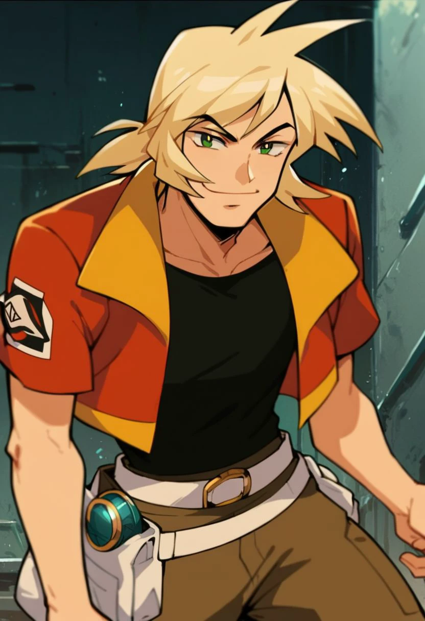 (score_9, score_8_up:1.1), score_7_up, 1boy, solo, blonde hair, green eyes, bangs, red jacket, black shirt, brown pants, white belt pouch, smug