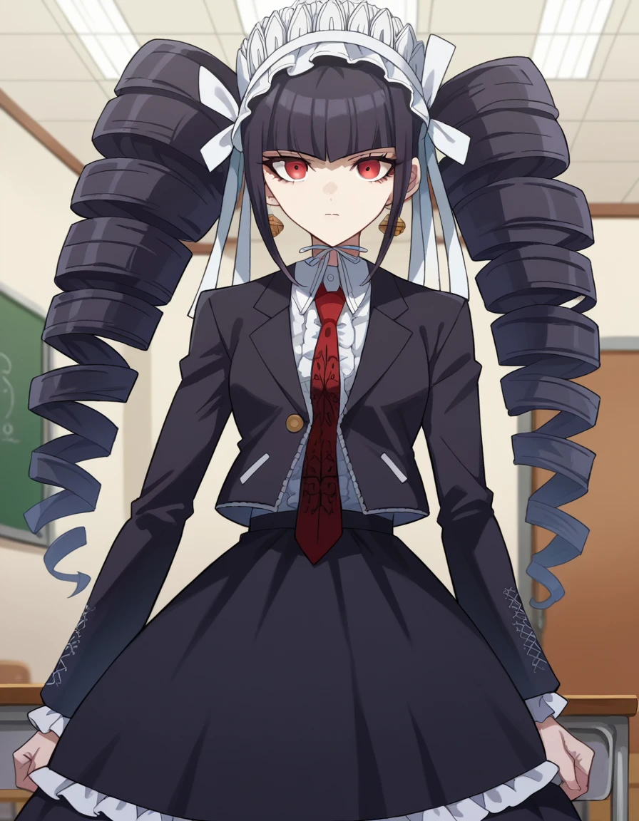 score_9, score_8_up, score_7_up, source_anime,
celestialudenberg, <lora:celestia-ludenberg-ponyxl-lora-nochekaiser:1>,
celestia ludenberg, long hair, bangs, black hair, red eyes, long sleeves, twintails, drill hair, twin drills,
skirt, shirt, black hair, long sleeves, jewelry, jacket, earrings, frills, necktie, black skirt, black jacket, red necktie, bonnet, print necktie,
indoors, classroom,
looking at viewer, cowboy shot, dutch angle,