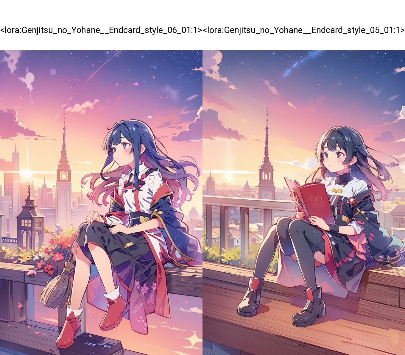 cute girl soars sitting on a broom, evening sunset, high above the horizon, above the ground, a colorized style by yohhh, <lora:Genjitsu_no_Yohane__Endcard_style_06_01:1>