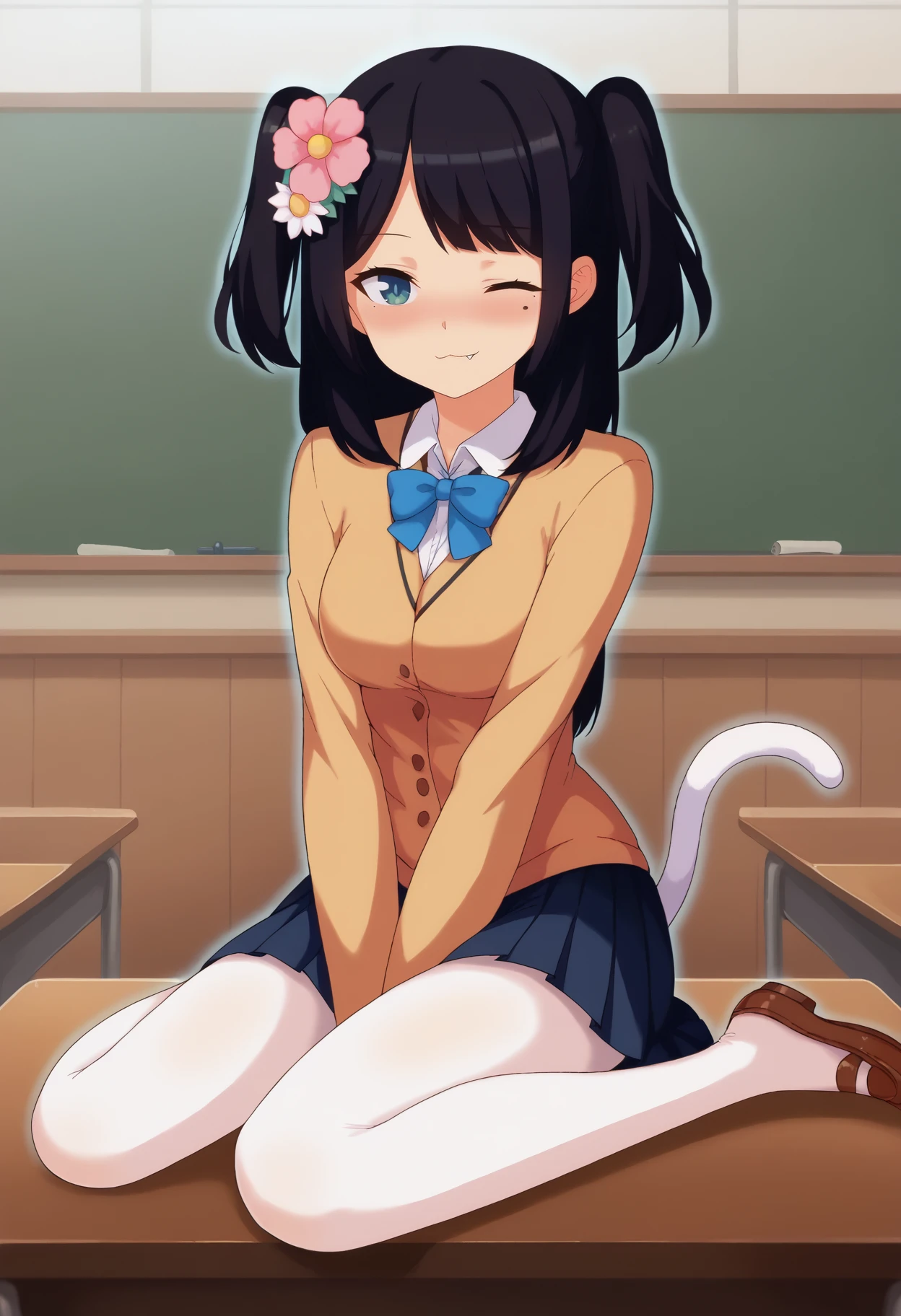 score_9, best quality, masterpiece, uncensored, source_anime
BREAK
1girl, :o, black hair, blush, female focus, flower, hair flower, hair ornament, long hair, looking at viewer, mole, mole under eye, one eye closed, cat tail, sleeves past wrists, solo, two side up, classroom, white pantyhose, pleated skirt, sitting on desk, fang out
<lora:saltyicecream_pony_v3:1>