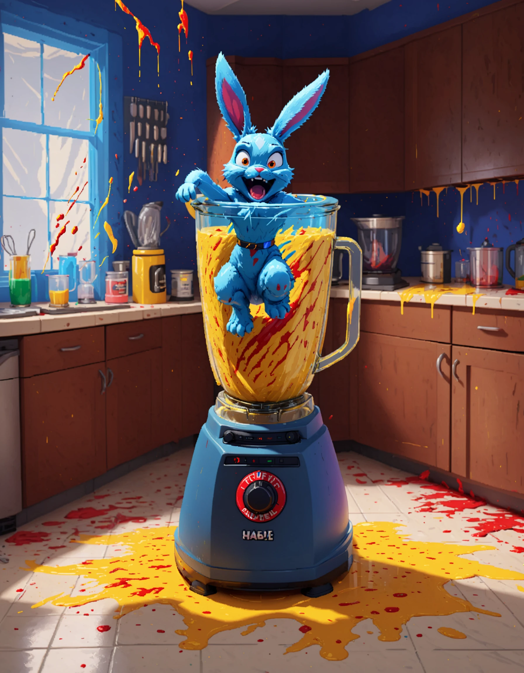 an anthro coloring crayon falls into a blender, wings, liquified carbuncle,in container, full body, hands inside the glass, blender, yellow paint, extreme, splatter, chunks, bad end, screaming, in blender, in container, glass container, rotating blades, red lightning, blue energy, blue paint, electrical malfunction, kitchen counter, panic, kitchen scene, cinematic lighting, cinematic angle, masterblender, best blender, RIP bunny, looney tunes acme blender, <lora:CarbieBlenderXL:0.8>