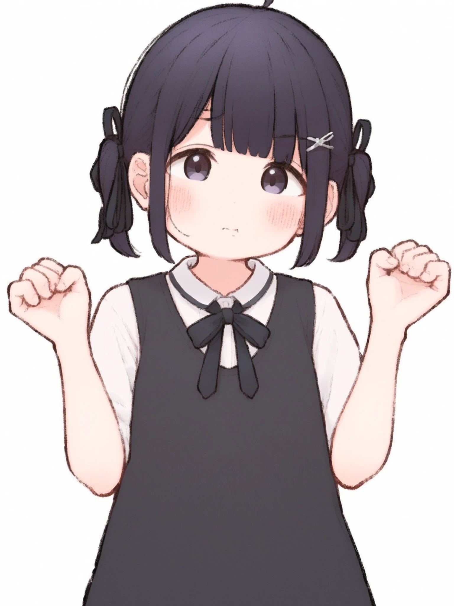 <lora:xl_Colored lead(a3.1):1>,caiqian style,1girl, solo, twintails, hair ornament, hair over one eye, black hair, x hair ornament, white background, blush, simple background, virtual youtuber, looking at viewer, long hair, upper body, hairclip, closed mouth, shirt, bangs, short sleeves, hands up, purple eyes, ribbon, dress, bow, eyebrows visible through hair, clenched hands, black neckwear, black ribbon, masterpiece,best quality,