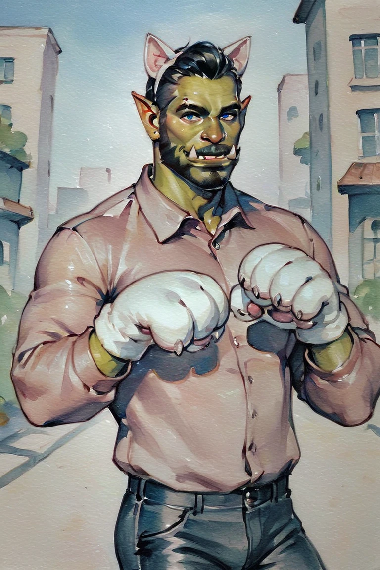 score_9, score_8_up, score_7_up, rating_safe, traditional media, realistic, orc, green skin, tusks, facial hair, beard, mustache, black hair, blue eyes, pink shirt, collared shirt, long sleeves, black pants, muscular, 1boy, solo, male focus, mature male, fake animal ears, animal ears, cat ears, white cat ears, paw gloves, white paw gloves, cat paws, paw pose, smile, looking at viewer, cowboy shot, standing, outdoors, city, building <lora:Blue Water Style LoRA_Pony XL v6:0.7>