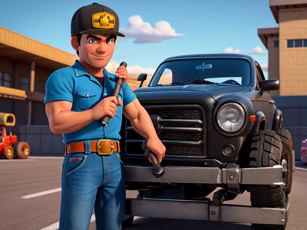 (masterpiece), (best quality), (ultra-detailed), A man building a car, with a hammer,outdoors, race track, clash royale, disney pixar, muscular, tall, vehicle focus, baseball cap, road, racecar, car mechanic, photography, disheveled hair, detailed eyes, perfect composition, moist skin, intricate details, by wlop