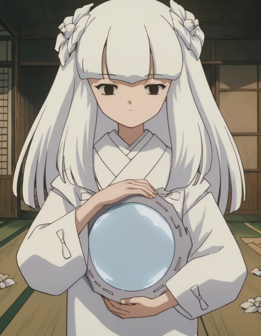 score_9, score_8_up, score_7_up, source_anime,
inuyashakanna, <lora:inuyasha-kanna-ponyxl-lora-nochekaiser:1>,
kanna, long hair, bangs, hair ornament, flower, white hair, hair flower, blunt bangs, black eyes,
japanese clothes, kimono, white kimono,
indoors, dojo,
looking at viewer,