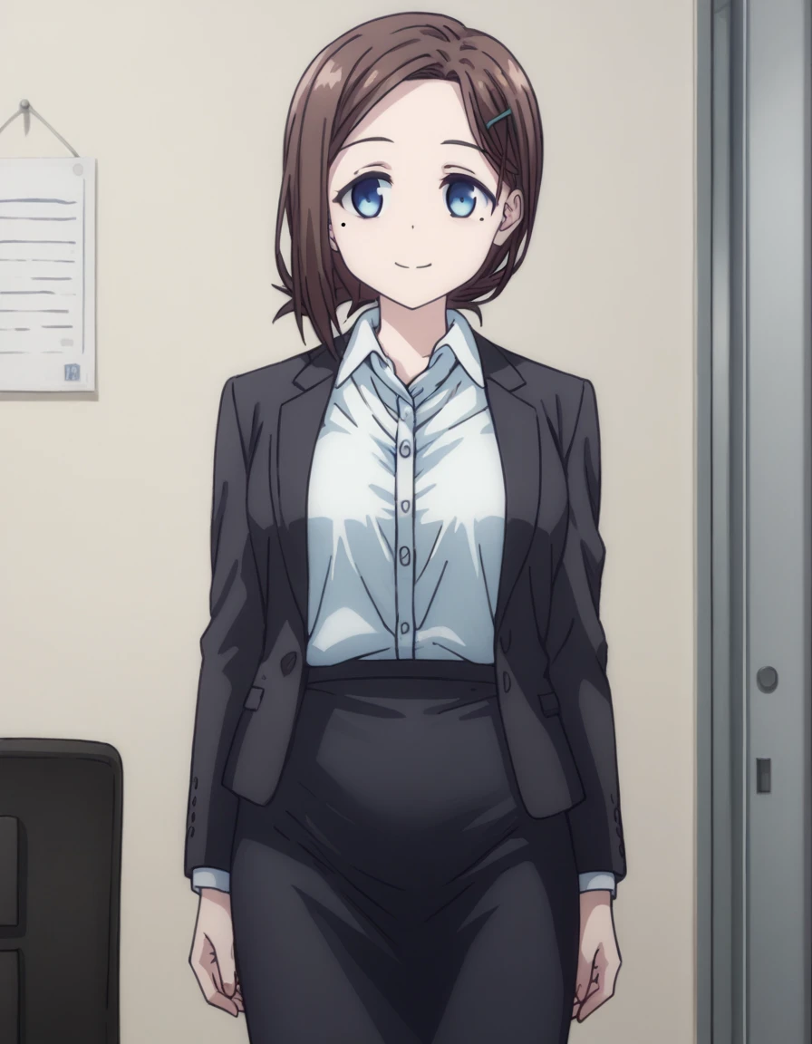 score_9, score_8_up, score_7_up, source_anime,
tawawakouhai, <lora:tawawa-kouhai-chan-ponyxl-lora-nochekaiser:1>,
kouhai, short hair, blue eyes, brown hair, hair ornament, hairclip, mole, mole under eye, smile,
skirt, shirt, jacket, white shirt, collared shirt, black skirt, black jacket, dress shirt, formal, suit, pencil skirt, office lady,
indoors, office,
looking at viewer,