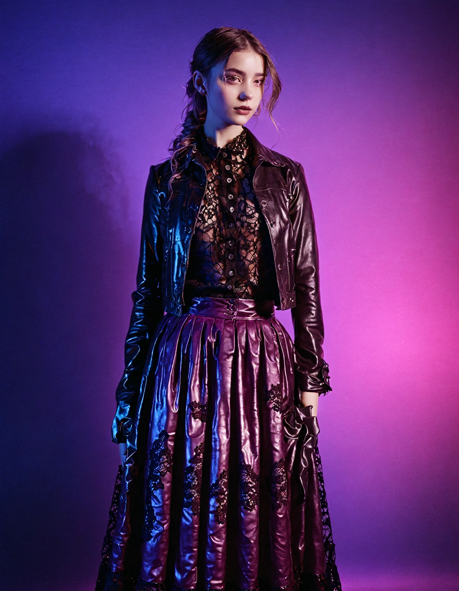 dsktnexl, neon lighting, violet lights, gradient overlay, color wash, color gel, duotone photography, studio, 1girl, female focus, rococo fashion, long skirt, lace and velvet shirt, leather jacket, wide shot, <lora:DsktneXL:0.8>