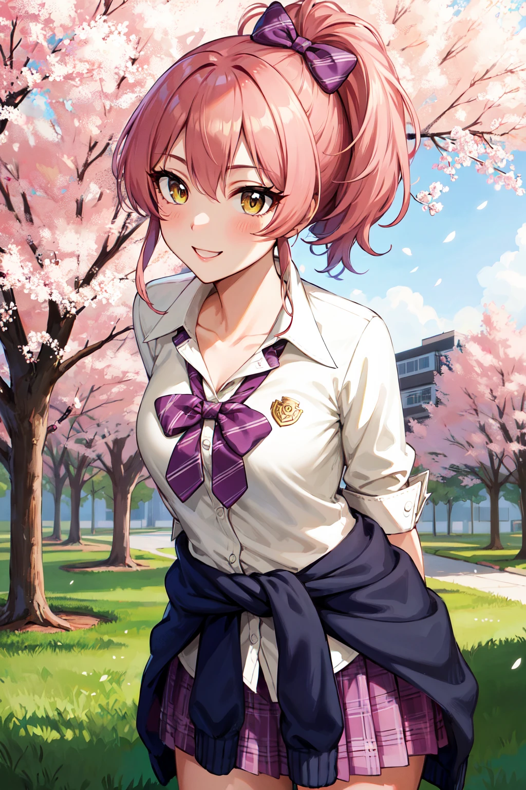 masterpiece, best quality, highres, aamika, ponytail, hair bow, collarbone, school uniform, striped, bowtie, collared shirt, white shirt, sleeves rolled up, wrist scrunchie,, clothes around waist, plaid skirt, purple skirt, <lora:jougasaki_mika_v1:0.7>, smile, arms behind back, cherry blossoms, standing, cowboy shot, outdoors, leaning forward, bent over