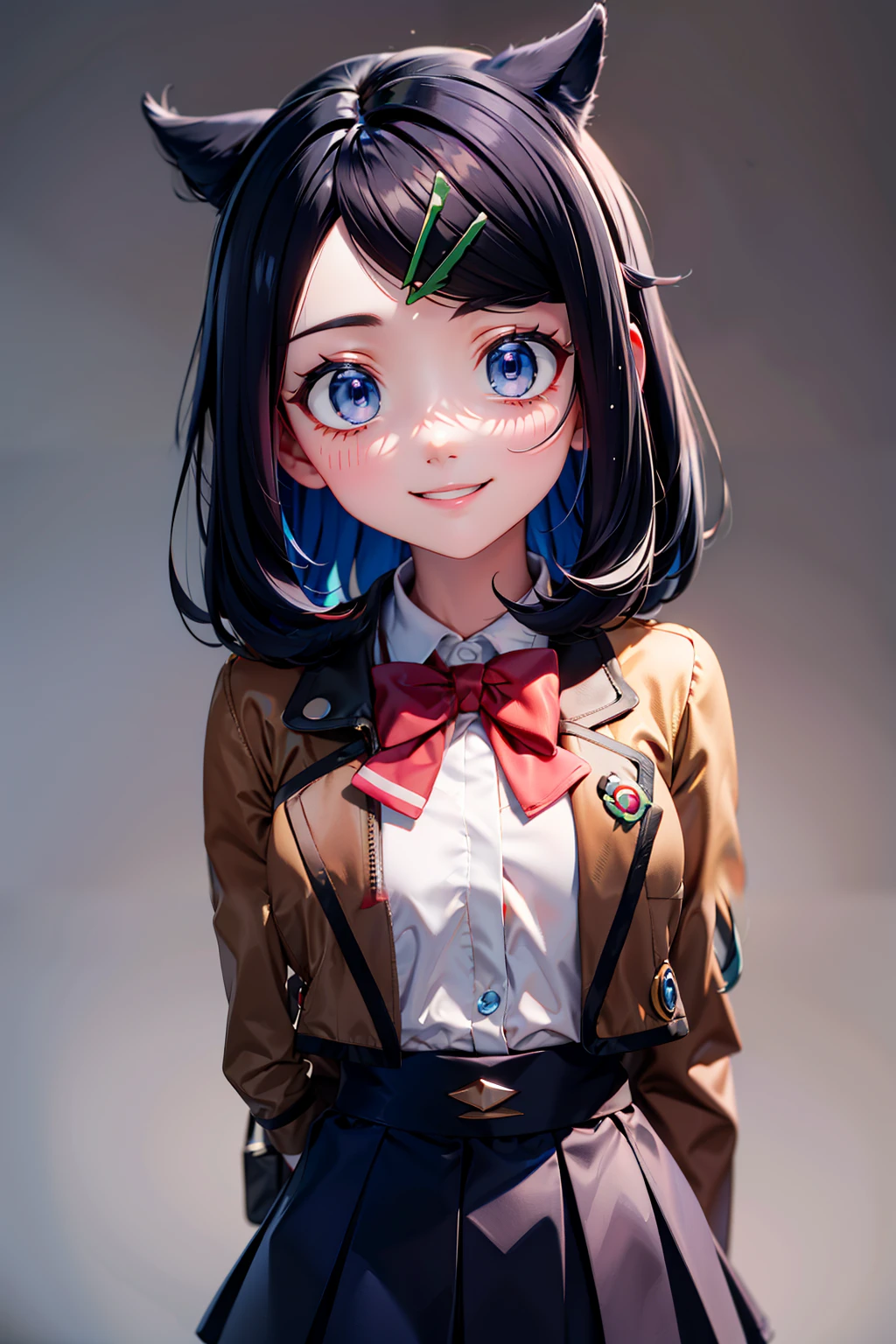 <lora:Beautiful_CAT_v3:0.8>, (masterpiece), best quality, high resolution, highly detailed, perfect lighting, ((masterpiece,best quality)), absurdres, <lora:Liko_Pokemon_v2:0.8>, liko (pokemon), blue hair, hair clip, brown skirt, white shirt, red bow, school uniform, brown jacket, looking at viewer, upper body, smile, (hands behind back:1.1),