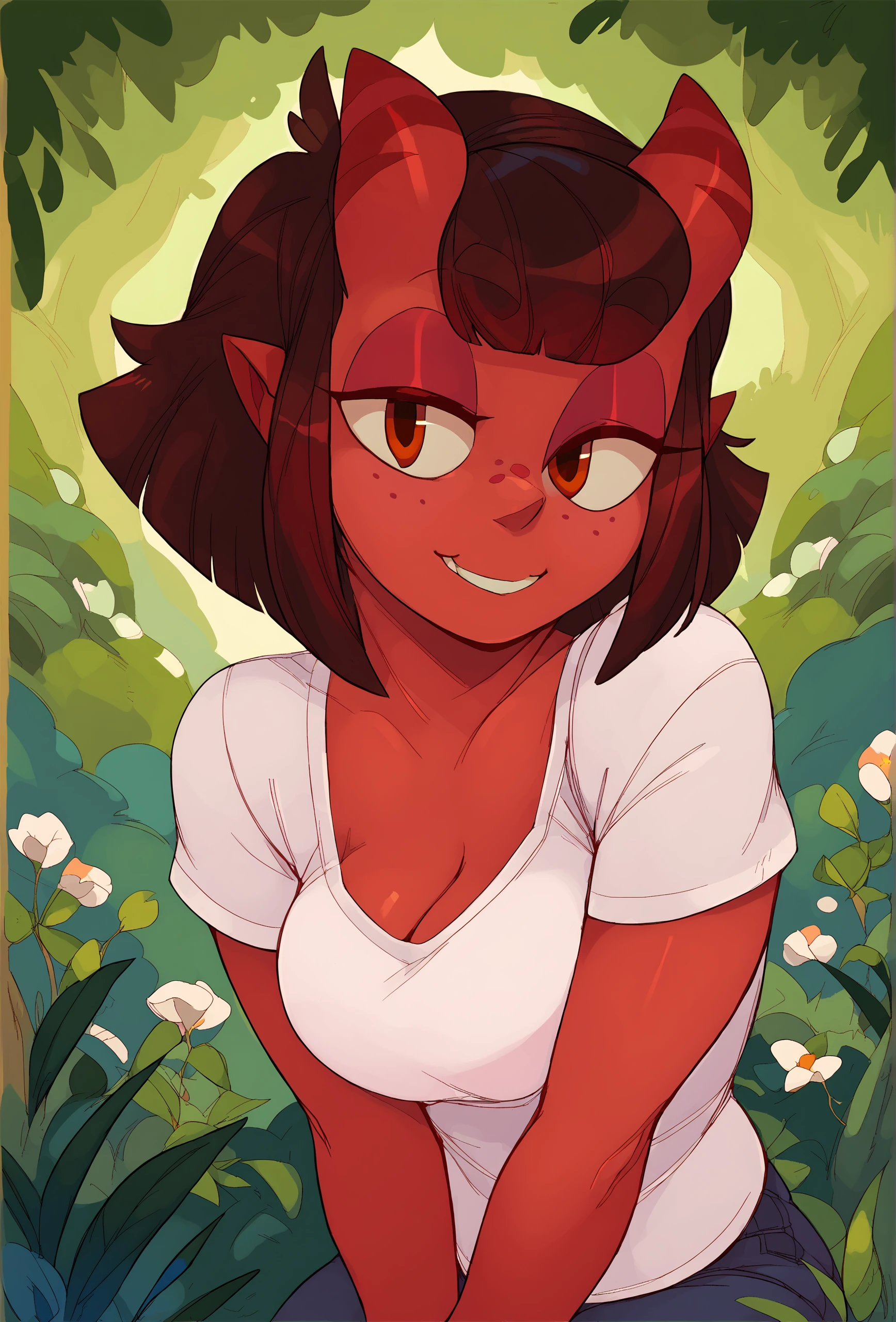 a beautiful and detailed image of meru , merunyaa,(red skin:1.3), horns,(freckles), nude, backlighting, field of flowers, holding flower, flower hair accessory, yellow eyes,smile, clouds,in front, nipples, pussy