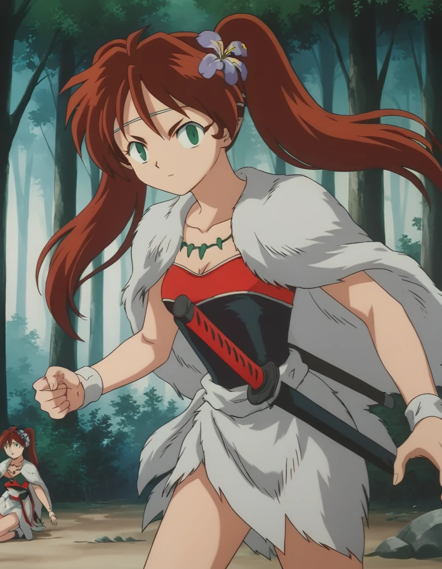 score_9, score_8_up, score_7_up, source_anime,
inuyashaayame, <lora:inuyasha-ayame-ponyxl-lora-nochekaiser:1>,
ayame, long hair, brown hair, hair ornament, twintails, green eyes, flower, red hair, sword, hair flower,
jewelry, necklace, cape, collarbone, fur trim,
outdoors, forest, nature,
looking at viewer, fighting stance,