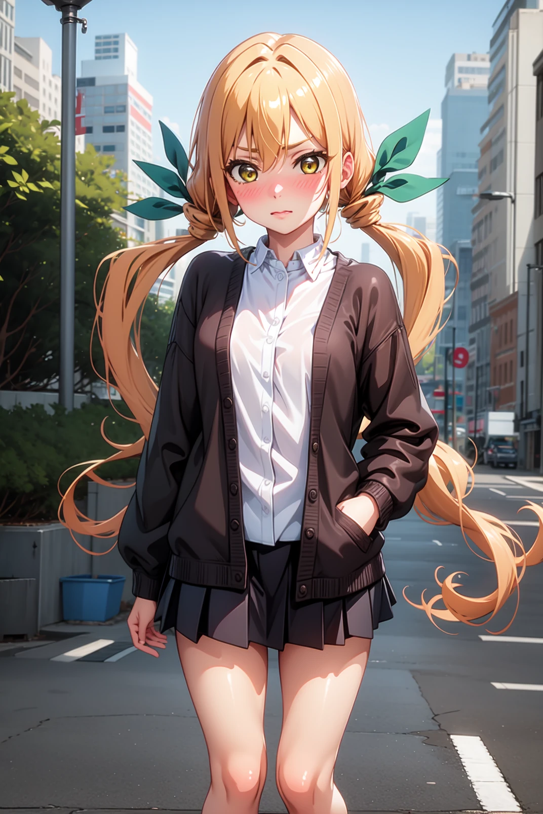 solo, masterpiece, best quality, outdoors, city, karane, yellow eyes, blonde hair, orange hair, long hair, low twintails, very long hair, hair between eyes, hair ribbon, green ribbon, white shirt, collared shirt, brown cardigan, long sleeves, black skirt, miniskirt, pleated skirt, white loose socks, shoes, (blush:1.2), small breast