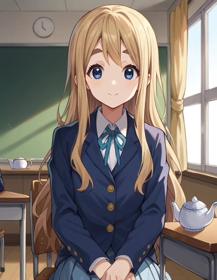 score_9, score_8_up, score_7_up, source_anime,
tsumugikotobuki, <lora:tsumugi-kotobuki-ponyxl-lora-nochekaiser:1>,
tsumugi kotobuki, long hair, blue eyes, blonde hair, thick eyebrows, smile,
sakuragaoka high school uniform, school uniform, uniform, blazer, shirt, white shirt, collared shirt, skirt, pleated skirt,
indoors, classroom, sitting, desk, chair, teacup, teapot,
looking at viewer, cowboy shot, dutch angle, dynamic pose,