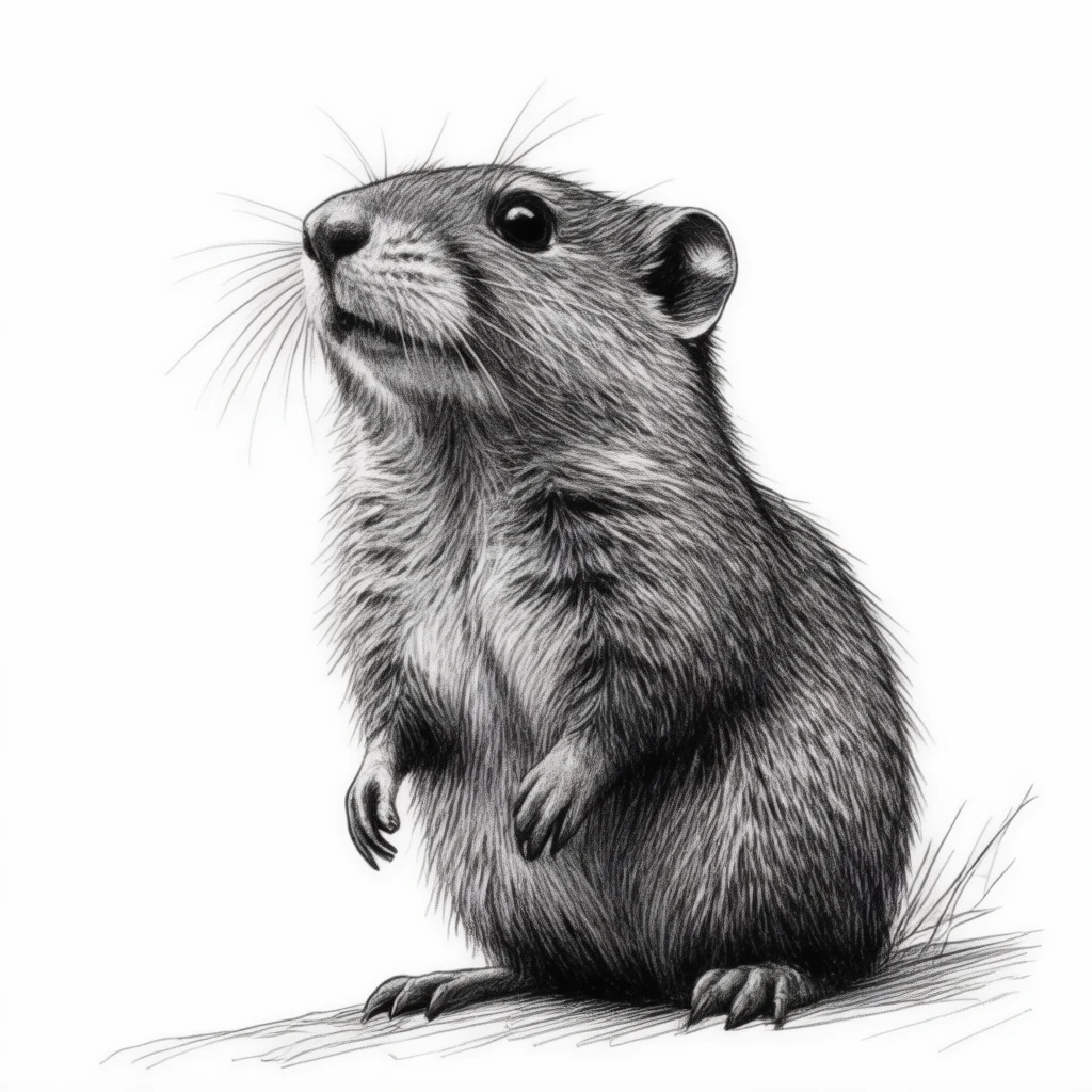 a black and white sketch of a gopher looking up, white background