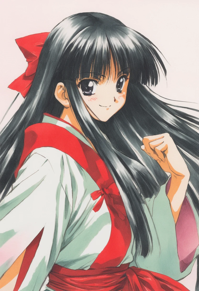 1girl,nakoruru, samurai spirits,
masterpiece, best quality, oldest,anime,
(smile:0.7)
<lora:nanaseaoi:1>
1990s \(style\), 1girl, ainu clothes, bangs, black hair, bow, closed mouth, colored pencil \(medium\), hair bow, long hair, long sleeves, looking at viewer, marker \(medium\), nakoruru, painting \(medium\), red bow, retro artstyle, smile, solo, traditional media, upper body, very long hair, watercolor \(medium\)