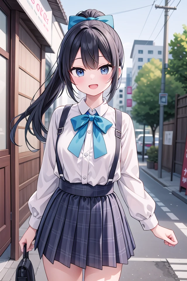 insanely detailed, absurdres, ultra-highres, ultra-detailed, best quality,
1girl, solo, nice hands, perfect hands
BREAK
jirai kei,plaid skirt, shirt, long sleeves, bow, blue skirt, white shoulder frilly shirt, outdoors, blue bow, long hair
, (cleavage:-1.5)
BREAK
happy smile, laugh, open mouth
BREAK
45 angle,
standing, cowboy shot, looking at viewer
BREAK
slender, kawaii, perfect symmetrical face, ultra cute girl, ultra cute face, ultra detailed eyes, ultra detailed hair, ultra cute, ultra beautiful
BREAK
in japanese street, cityscape in japan, depth of field, ultra detailed background
BREAK
large breasts
BREAK
black hair, black eyes, ponytail,