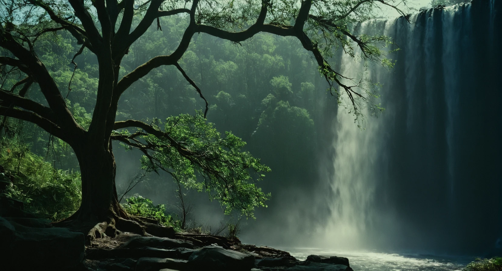 cinematic film still of  <lora:Ron Fricke style:1>
a tree with a waterfall in the background,outdoors,tree,no humans,sunlight,nature,scenery,forest,branch,green theme,bare tree , realistic, realism, movie still, film grain, kodak film, film contrast, film color, cinematography, documentary, photography, 70 mm film, 65 mm film, Todd-AO, Todd-AO 35, 8K resolution, Ron Fricke film director style, Ron Fricke film directing style, Ron Fricke style, shallow depth of field, vignette, highly detailed, high budget, bokeh, cinemascope, moody, epic, gorgeous, film grain, grainy