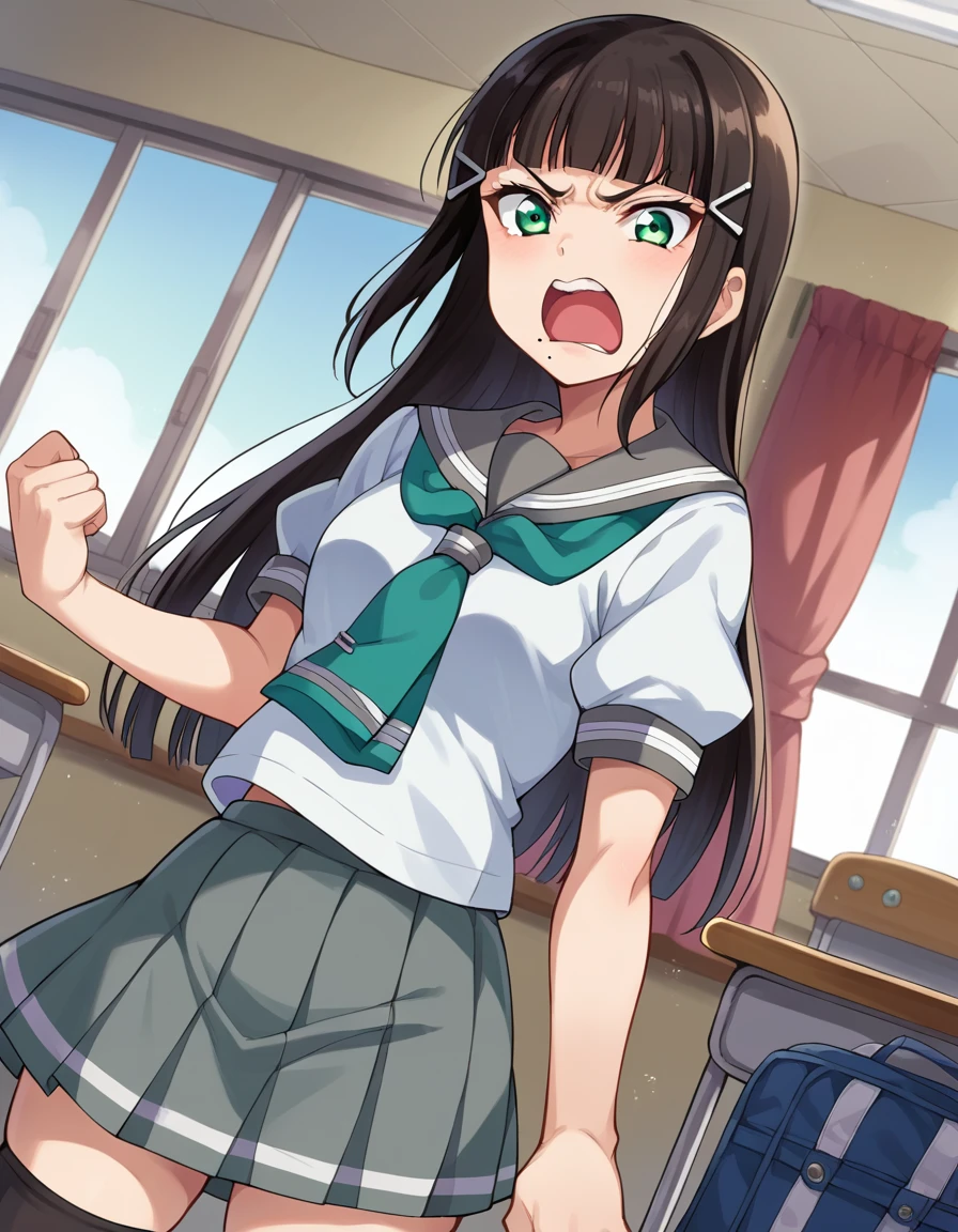 score_9, score_8_up, score_7_up, source_anime,
diakurosawa, <lora:dia-kurosawa-ponyxl-lora-nochekaiser:1>,
dia kurosawa, long hair, bangs, black hair, hair ornament, green eyes, sidelocks, hairclip, blunt bangs, mole, mole under mouth, angry, anger vein, open mouth, shouting,
skirt, school uniform, short sleeves, pleated skirt, serafuku, socks, neckerchief, kneehighs, black socks, green neckerchief, grey skirt, uranohoshi school uniform,
indoors, classroom,
looking at viewer, cowboy shot, dutch angle,